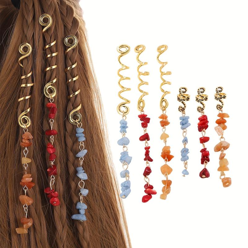 6pcs Braids Spiral Hair Ring with Stone Tassel