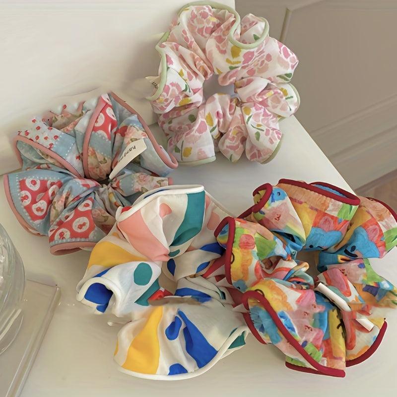 4pcs Floral Print Large Block Scrunchies Hair Tie
