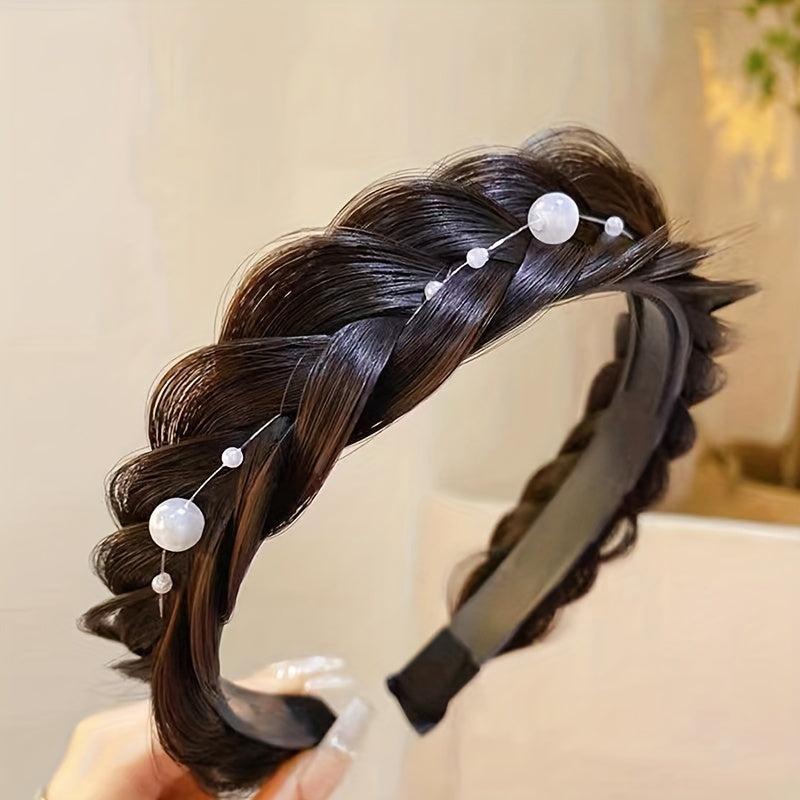 Twisted Braid Wig Headband Faux Pearl Head Hoop Hair Accessories