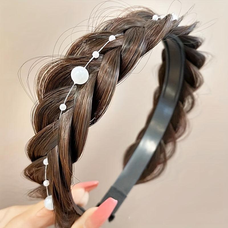 Twisted Braid Wig Headband Faux Pearl Head Hoop Hair Accessories