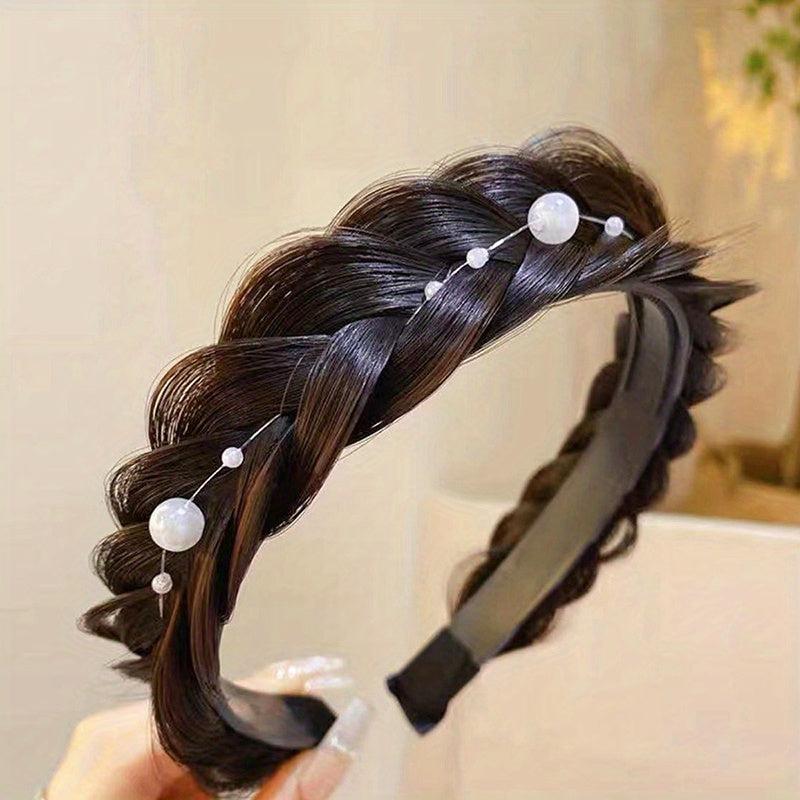 Twisted Braid Wig Headband Faux Pearl Head Hoop Hair Accessories