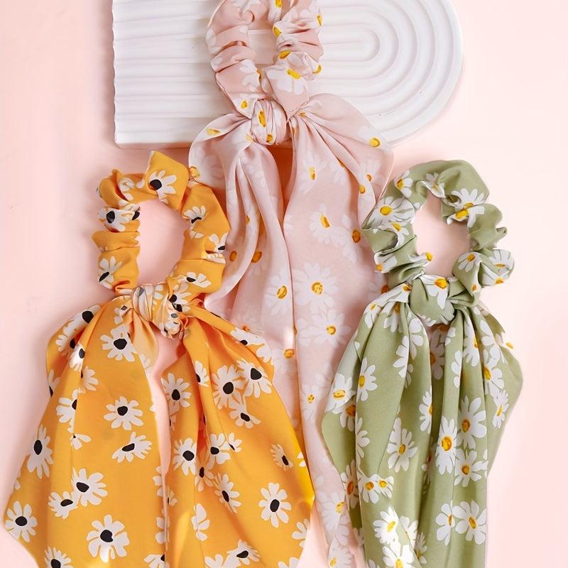 6pcs Daisy Pattern Prints Hairband Scrunchies for Women