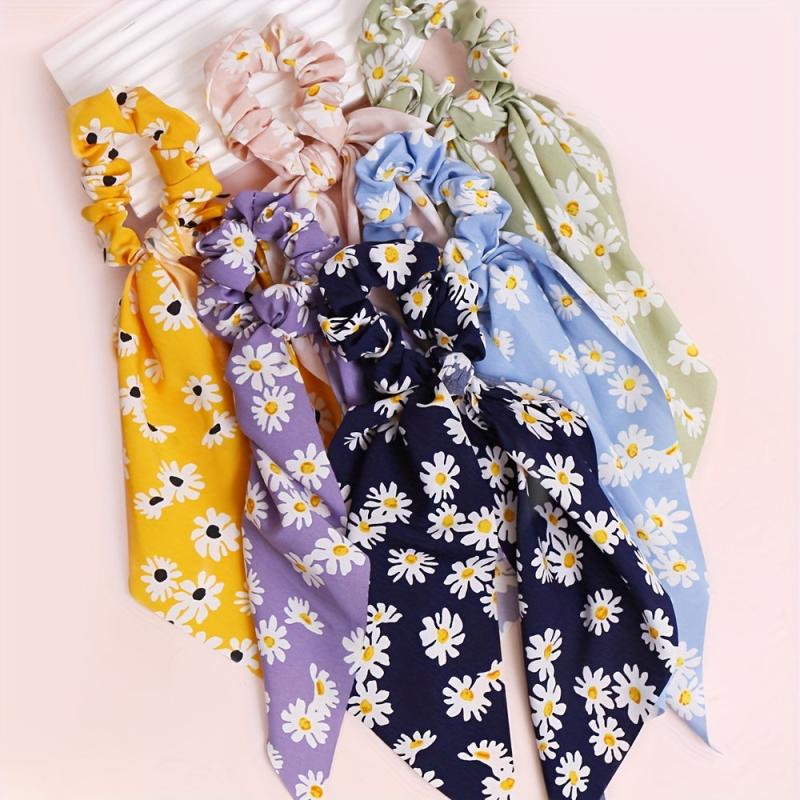 6pcs Daisy Pattern Prints Hairband Scrunchies for Women