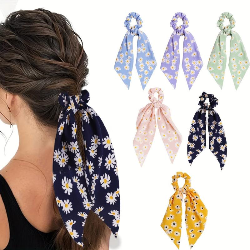 6pcs Daisy Pattern Prints Hairband Scrunchies for Women