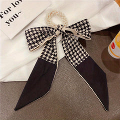 Ribbon Bow Hair Tie with Faux Pearl, Letter Print Ponytail Holder