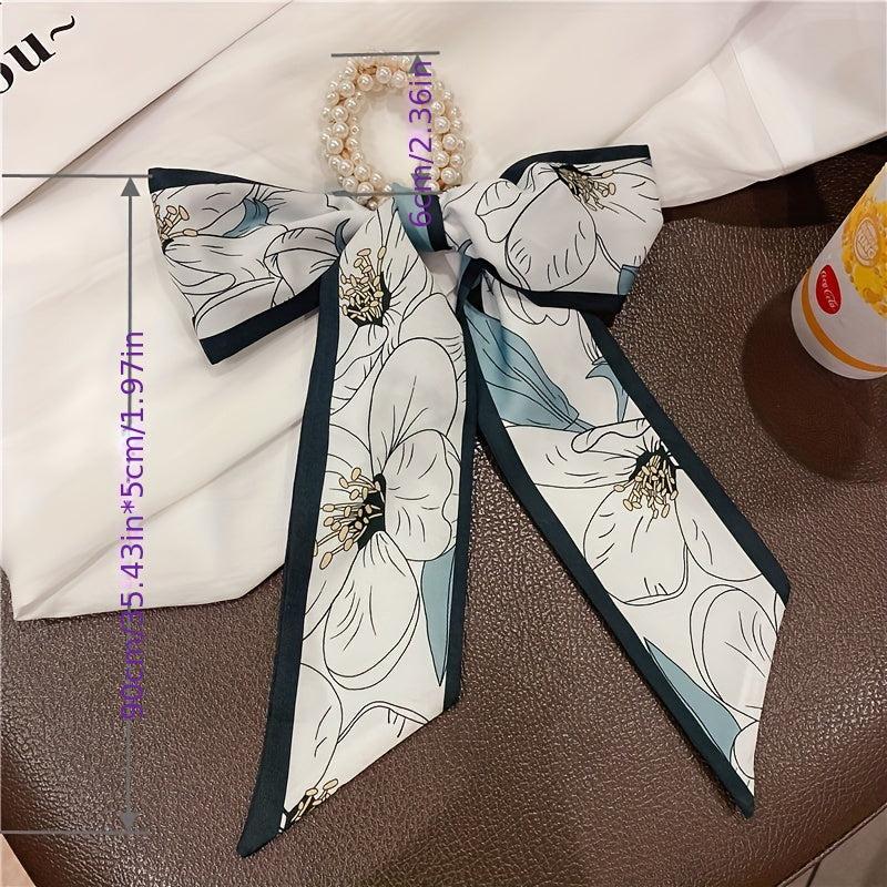 Ribbon Bow Hair Tie with Faux Pearl, Letter Print Ponytail Holder