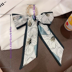 Ribbon Bow Hair Tie with Faux Pearl, Letter Print Ponytail Holder