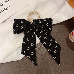 Ribbon Bow Hair Tie with Faux Pearl, Letter Print Ponytail Holder