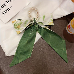 Ribbon Bow Hair Tie with Faux Pearl, Letter Print Ponytail Holder