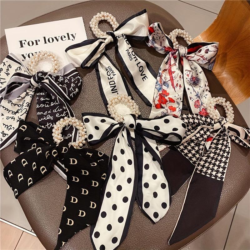 Ribbon Bow Hair Tie with Faux Pearl, Letter Print Ponytail Holder