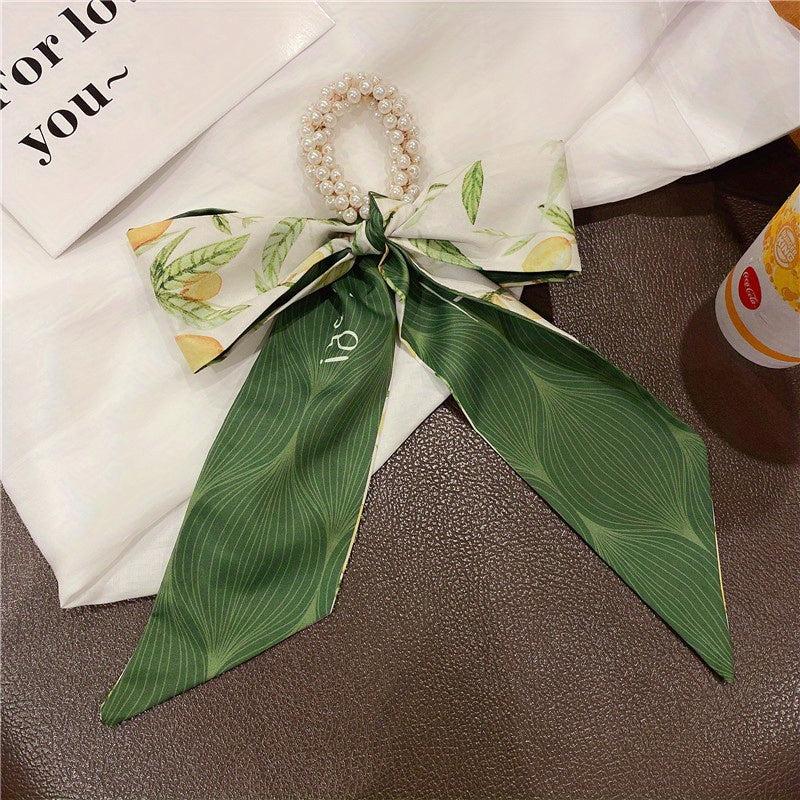 Ribbon Bow Hair Tie with Faux Pearl, Letter Print Ponytail Holder