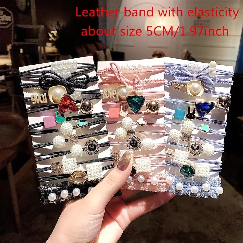 11pcs Rhinestone Pearl Hair Ties Ponytail Holder Accessories