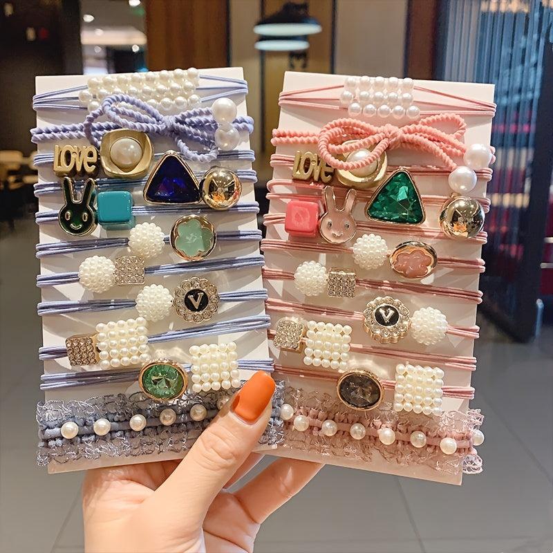 11pcs Rhinestone Pearl Hair Ties Ponytail Holder Accessories