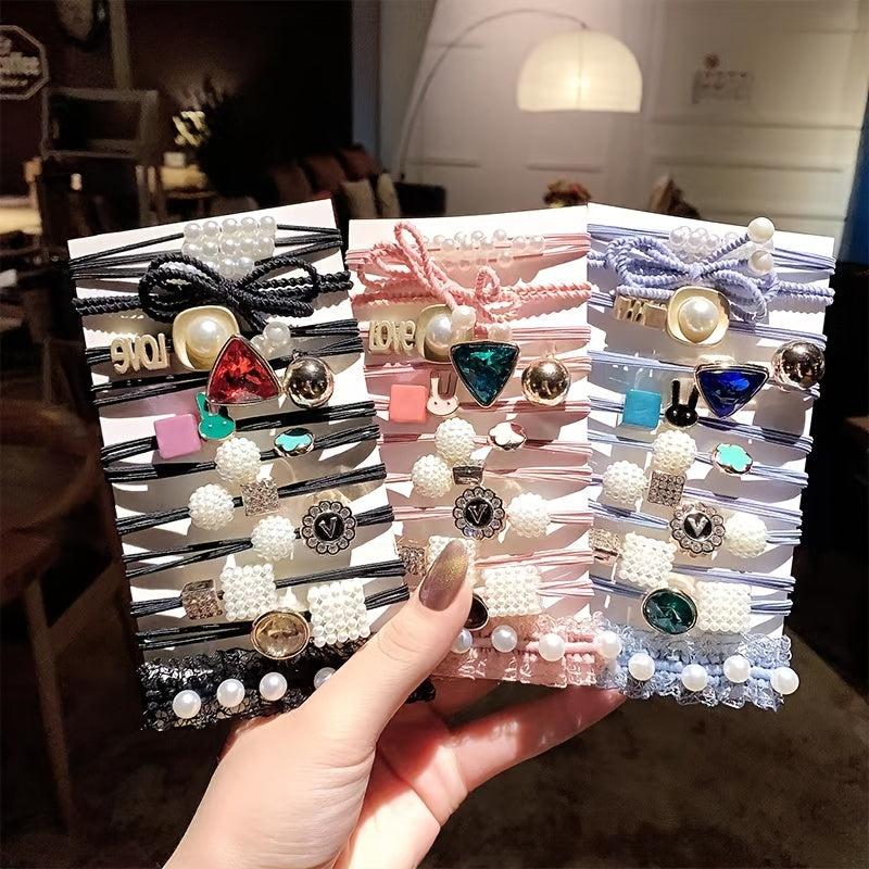 11pcs Rhinestone Pearl Hair Ties Ponytail Holder Accessories