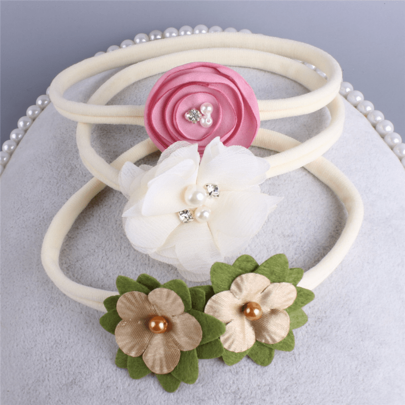 3pcs Flower Elastic Headband Set for Kids - Faux Pearl Rhinestone Head Hoop