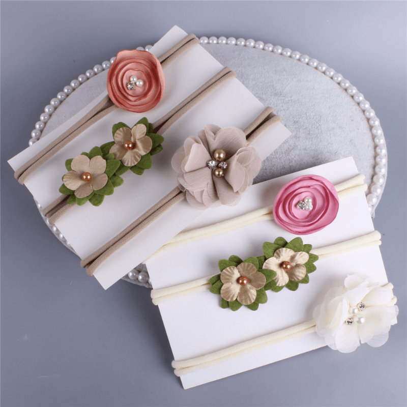 3pcs Flower Elastic Headband Set for Kids - Faux Pearl Rhinestone Head Hoop