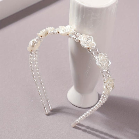 Flower Faux Pearl Headband 2-Layered Hair Band for Women Girls