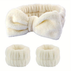 3pcs Bowknot Headband Wristband Set for Spa Makeup Skincare