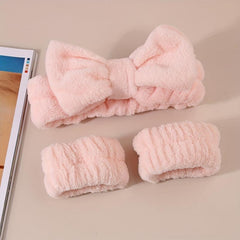 3pcs Bowknot Headband Wristband Set for Spa Makeup Skincare
