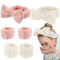 3pcs Bowknot Headband Wristband Set for Spa Makeup Skincare