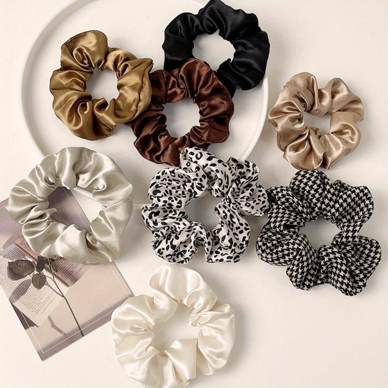 8pcs Houndstooth & Leopard Print Scrunchies Hair Ties