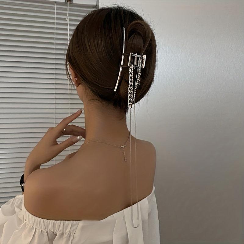 Long Tassel Chain Hair Claw Clip Silvery Non Slip Strong Hold Grip Hair Jaw Clip