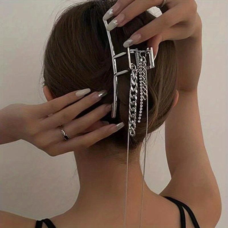 Long Tassel Chain Hair Claw Clip Silvery Non Slip Strong Hold Grip Hair Jaw Clip