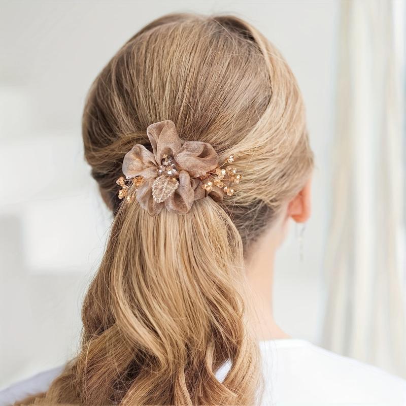 Organza Flower Scrunchies Hair Tie Glitter Hair Accessories For Women Girls