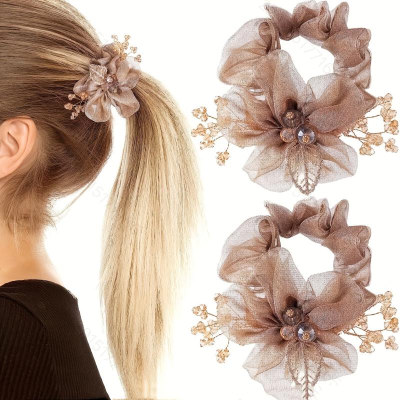 Organza Flower Scrunchies Hair Tie Glitter Hair Accessories For Women Girls