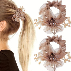 Organza Flower Scrunchies Hair Tie Glitter Hair Accessories For Women Girls