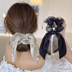 Vintage Bow Mesh Hair Tie Scrunchie Ponytail Holder Elastic Headwear