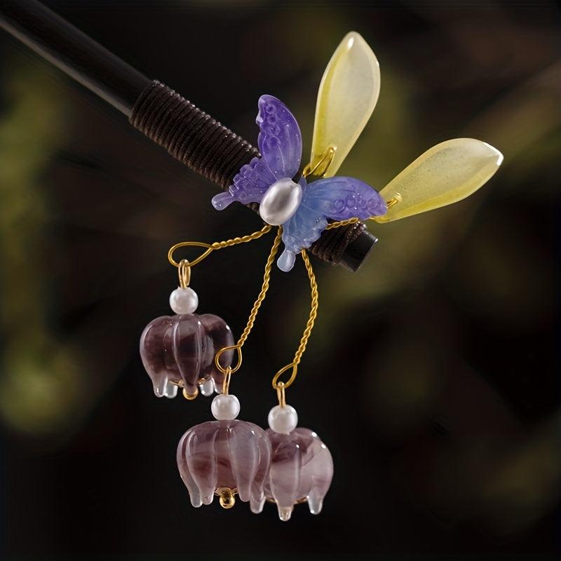 Butterfly Shape Hair Pin With Floral Pendant Chinese Style Hair Stick