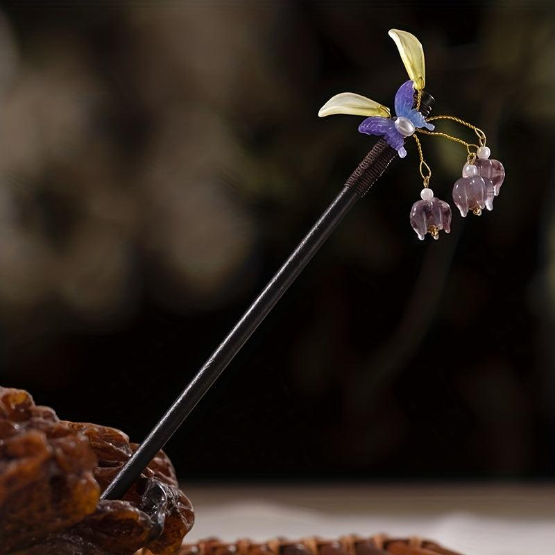Butterfly Shape Hair Pin With Floral Pendant Chinese Style Hair Stick