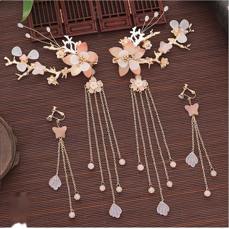 Chinese Style Flower Hair Clips & Earrings Set