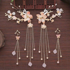 Chinese Style Flower Hair Clips & Earrings Set