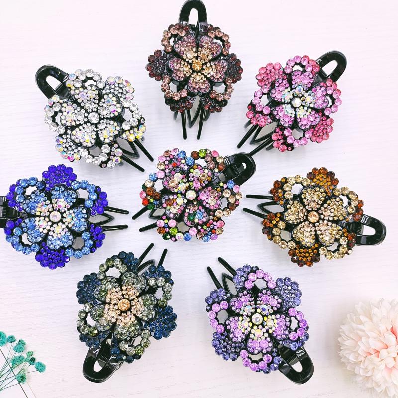 Vintage Rhinestone Flower Hair Clip for Women Girls