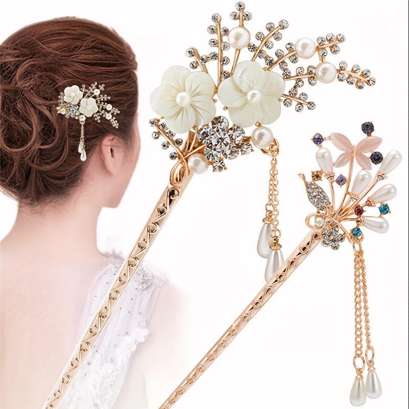 Pearl Rhinestone Flower Hairpin Hair Stick Ponytail Holder