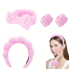 4pc Plush Hair Accessories Set Fuzzy Bow Knot Headband Leopard Pattern Waistband
