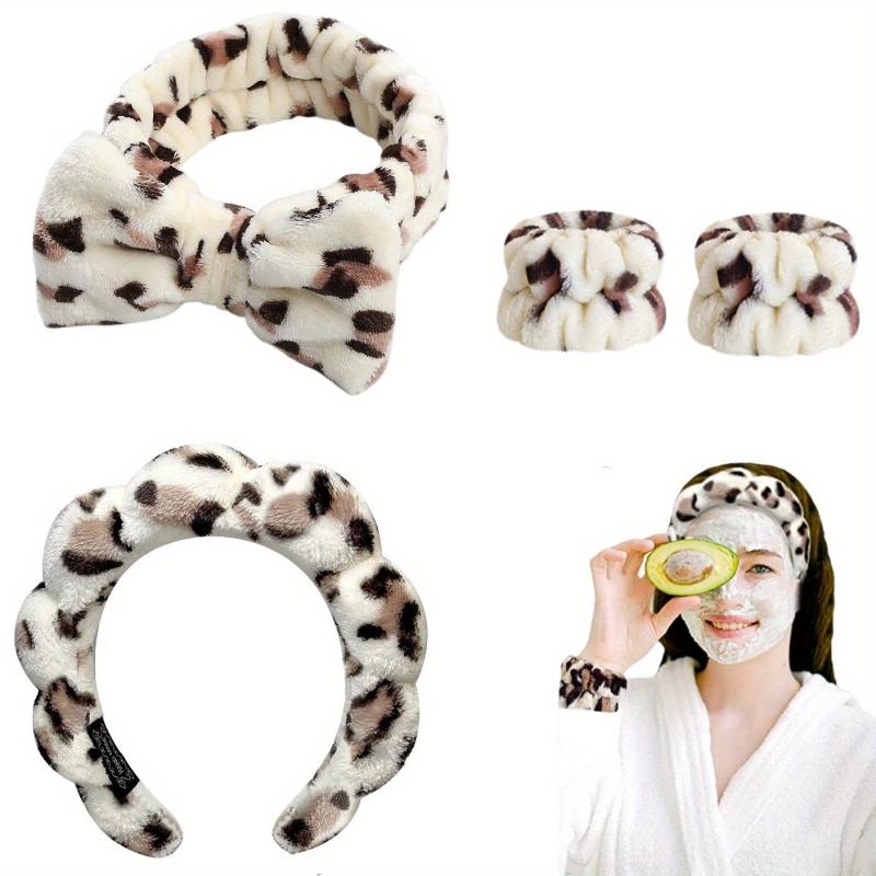 4pc Plush Hair Accessories Set Fuzzy Bow Knot Headband Leopard Pattern Waistband