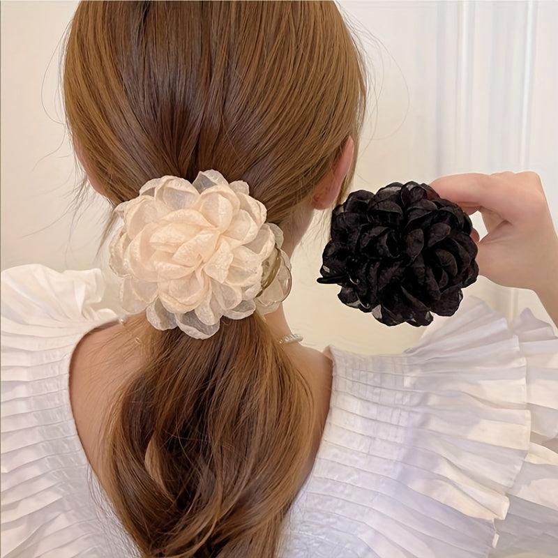 Flower Mesh Hair Claw Ponytail Clip Sweet Retro Hair Claw for Women