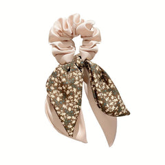 Floral Bow Hair Tie Elastic Scrunchie Large Streamer Hair Accessory for Women