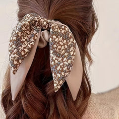Floral Bow Hair Tie Elastic Scrunchie Large Streamer Hair Accessory for Women