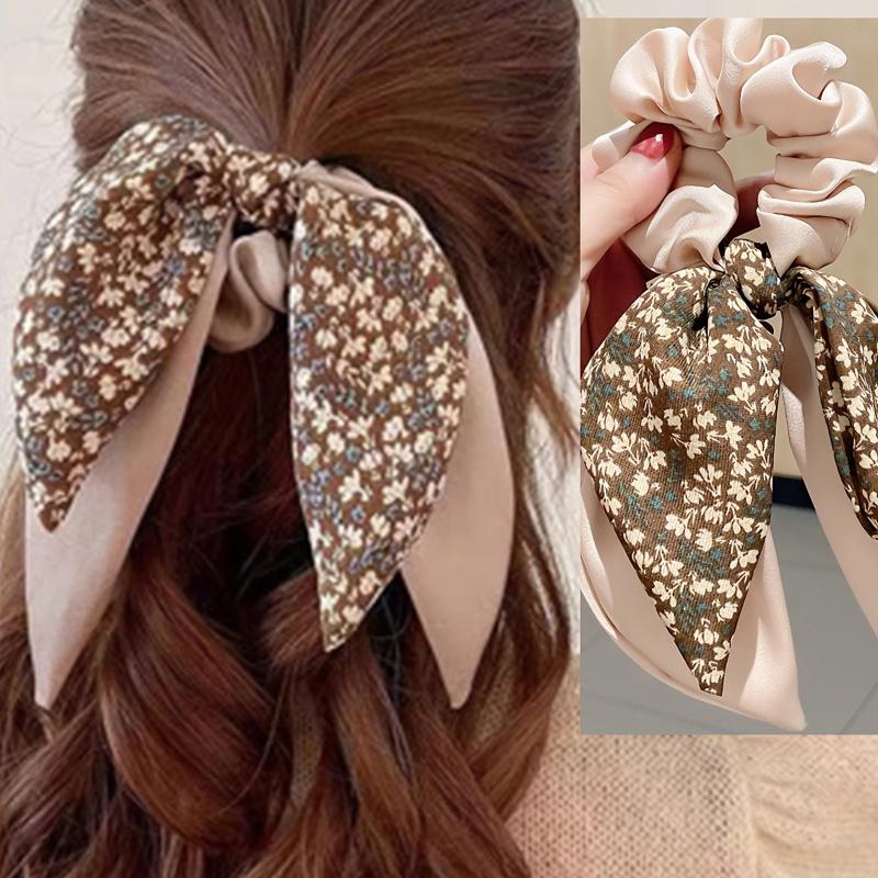 Floral Bow Hair Tie Elastic Scrunchie Large Streamer Hair Accessory for Women