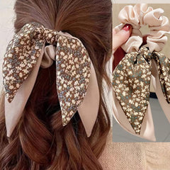 Floral Bow Hair Tie Elastic Scrunchie Large Streamer Hair Accessory for Women