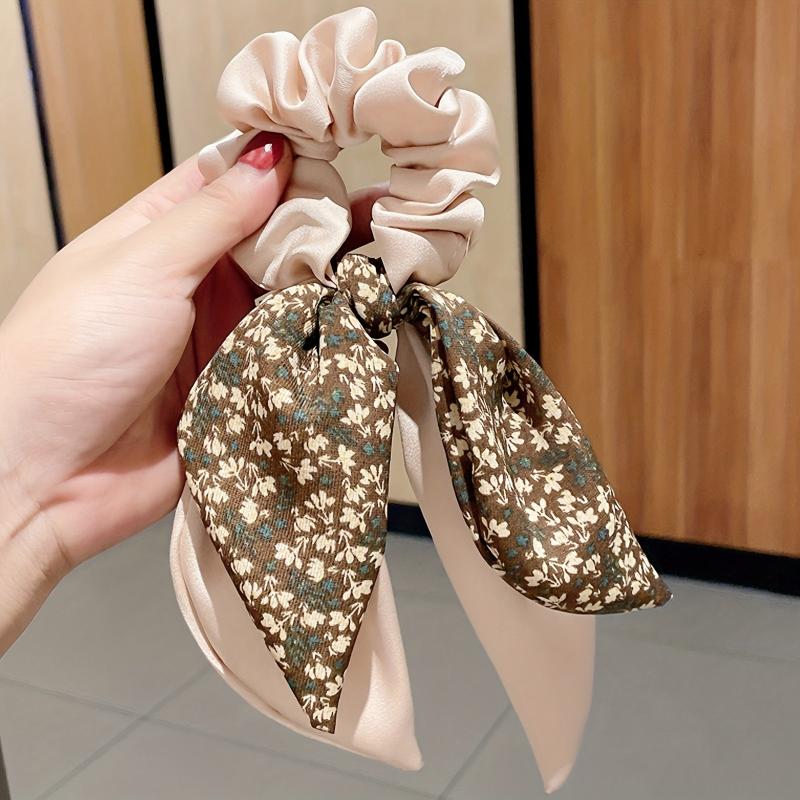 Floral Bow Hair Tie Elastic Scrunchie Large Streamer Hair Accessory for Women