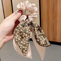 Floral Bow Hair Tie Elastic Scrunchie Large Streamer Hair Accessory for Women