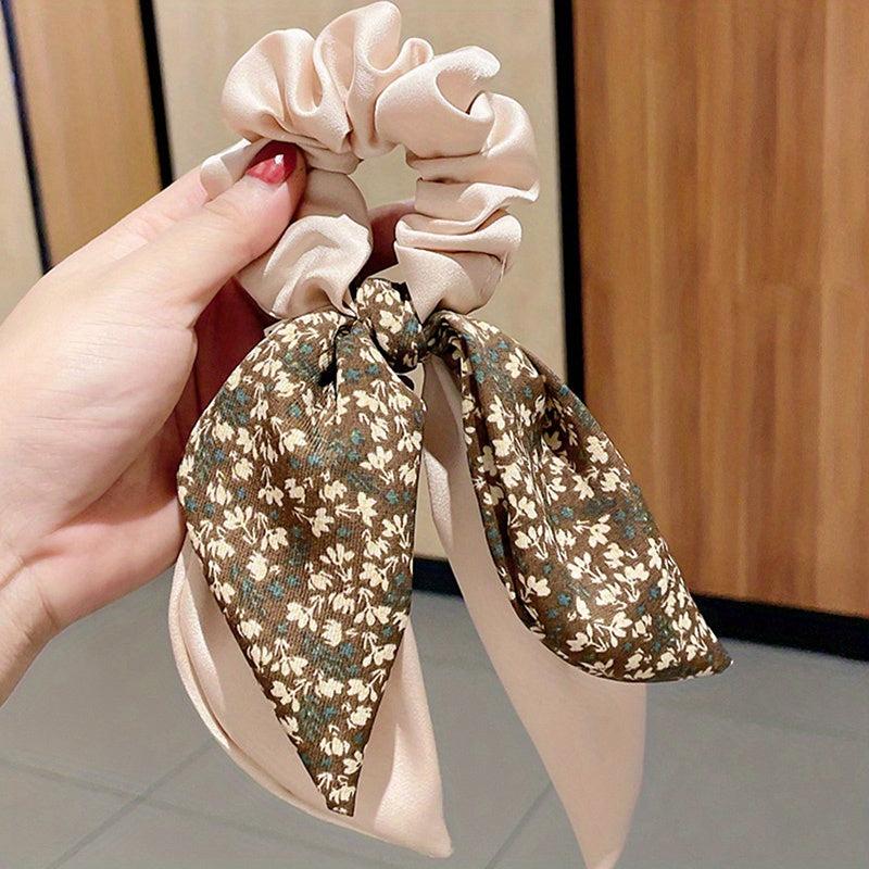 Floral Bow Hair Tie Elastic Scrunchie Large Streamer Hair Accessory for Women