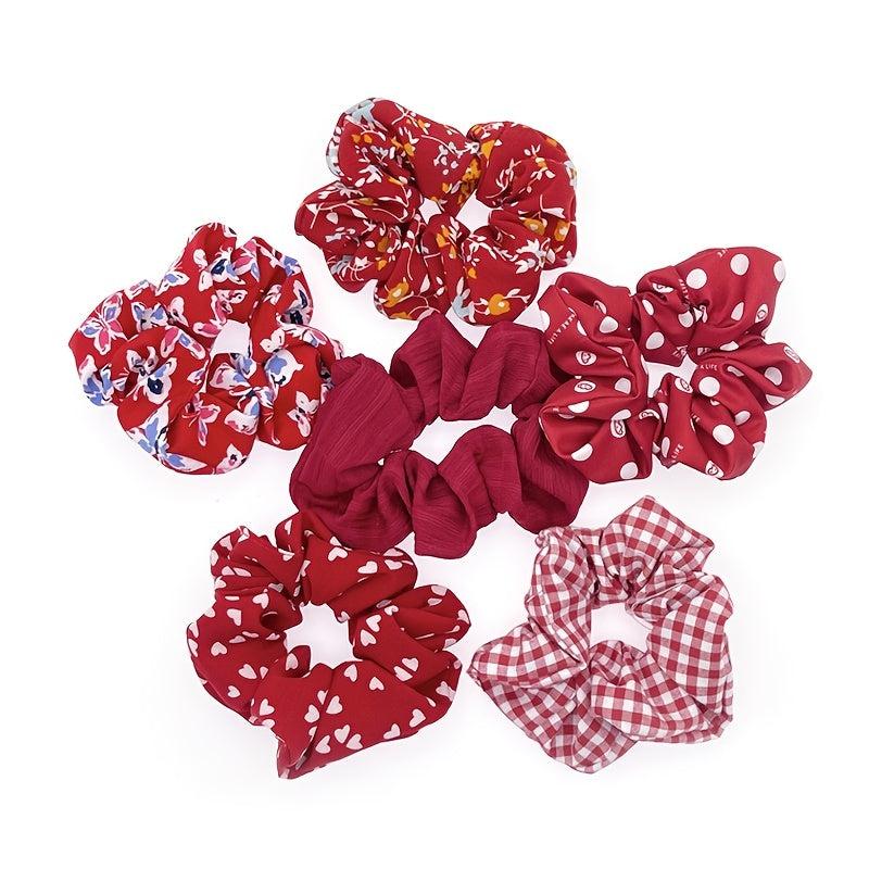 6pcs Floral Chiffon Hair Scrunchies Ties Colorful Elastic Polka Dot & Striped