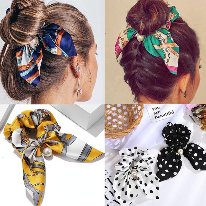 Boho Style Pearl Decor Hair Scarf Scrunchie