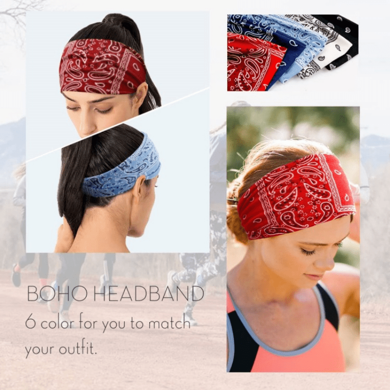 Boho Print Headband Elastic Hair Wrap Non Slip Sweat Band Yoga Running